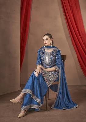 Teal embroidered vichitra stitched Palazzo suit 2