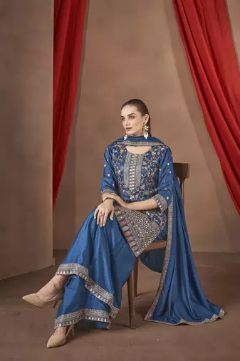 Teal embroidered vichitra stitched Palazzo suit