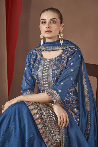 Teal embroidered vichitra stitched Palazzo suit