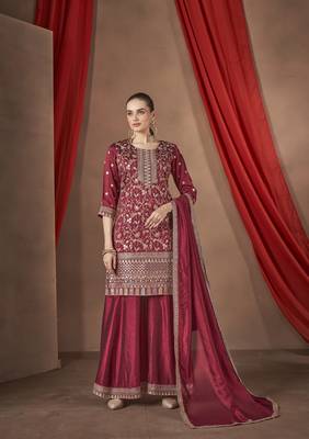 Maroon embroidered vichitra stitched Palazzo suit 1