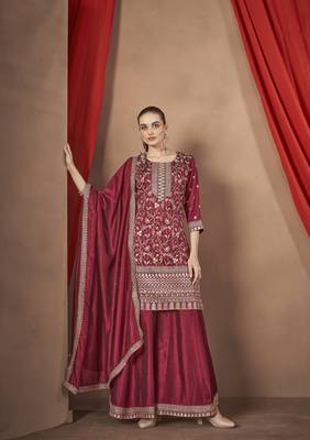 Maroon embroidered vichitra stitched Palazzo suit 2