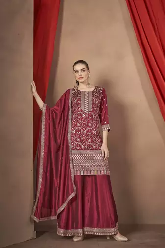 Maroon embroidered vichitra stitched Palazzo suit