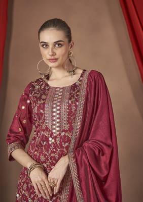 Maroon embroidered vichitra stitched Palazzo suit 3