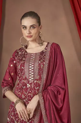 Maroon embroidered vichitra stitched Palazzo suit
