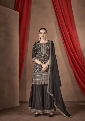 Black embroidered vichitra stitched Palazzo suit 1