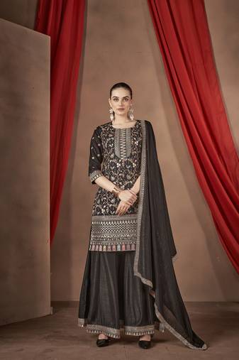 Black embroidered vichitra stitched Palazzo suit