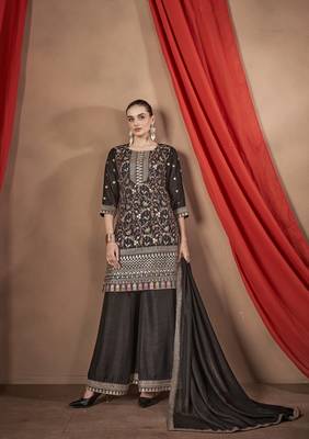 Black embroidered vichitra stitched Palazzo suit 2
