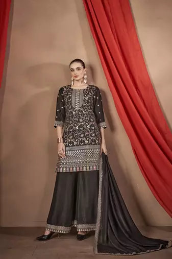 Black embroidered vichitra stitched Palazzo suit