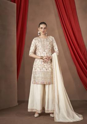 White embroidered vichitra stitched Palazzo suit 1