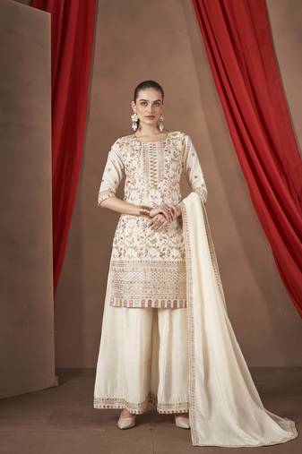 White embroidered vichitra stitched Palazzo suit