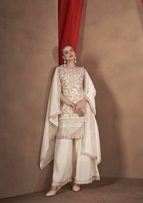 White embroidered vichitra stitched Palazzo suit 2