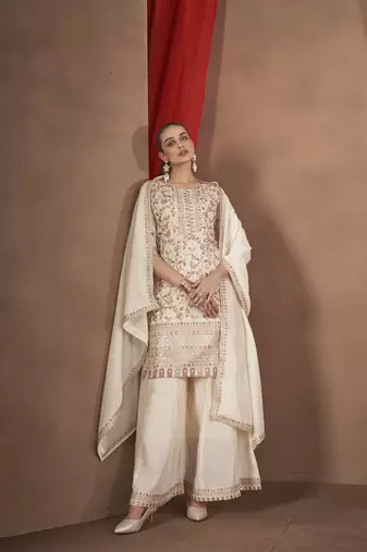 White embroidered vichitra stitched Palazzo suit