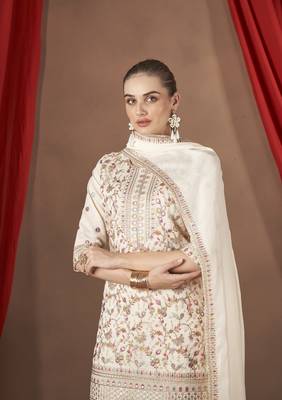 White embroidered vichitra stitched Palazzo suit 3