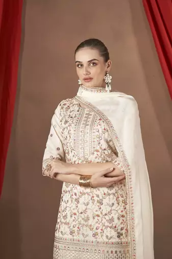 White embroidered vichitra stitched Palazzo suit
