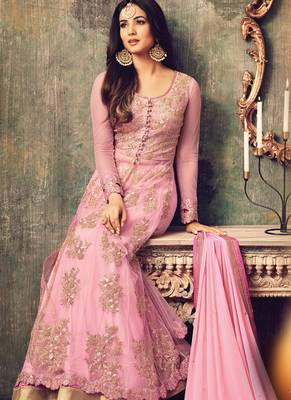 Pink embroidered net anarkali suits 2