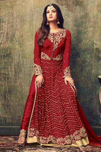 Red embroidered net salwar kameez