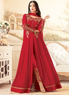 Red embroidered georgette anarkali suits 1