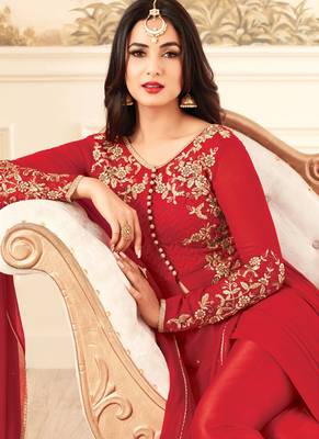 Red embroidered georgette anarkali suits 2