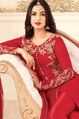 Red embroidered georgette anarkali suits