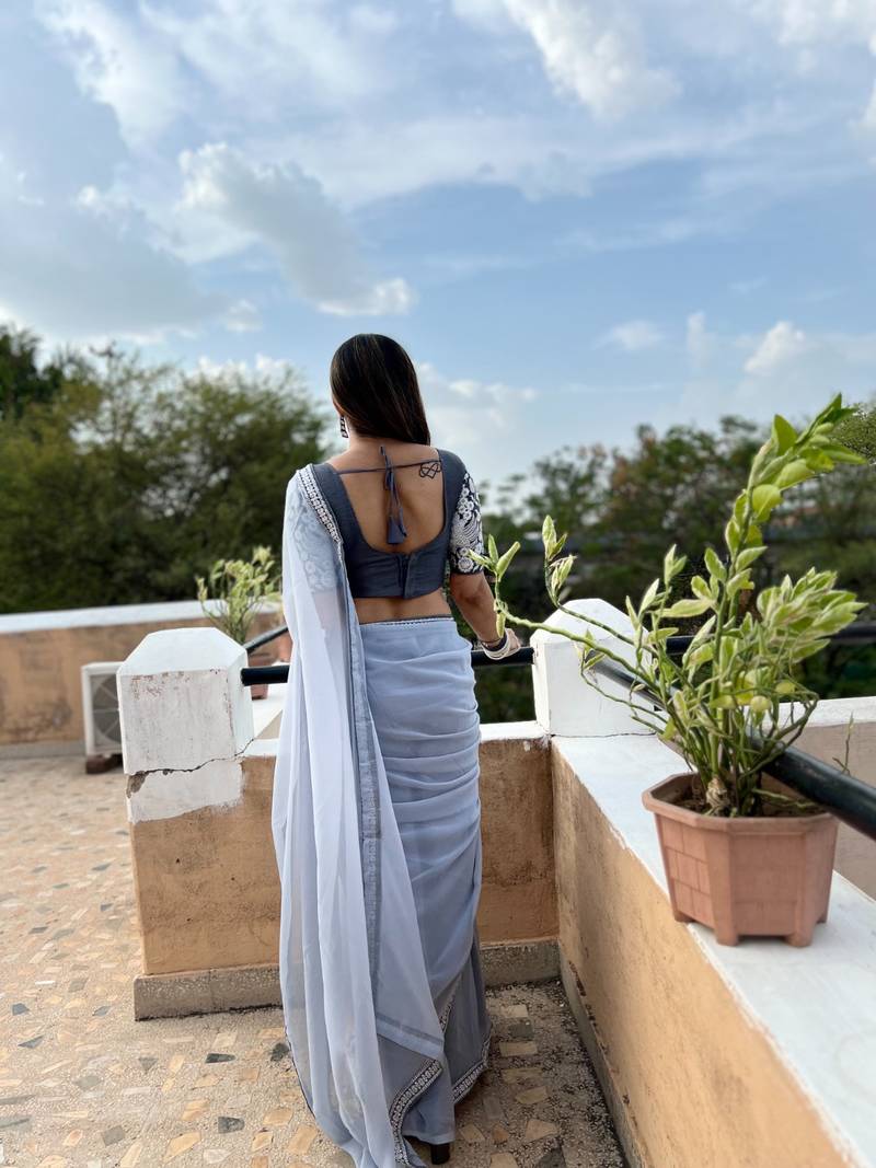 Blue Georgette sequin saree With Blouse Set