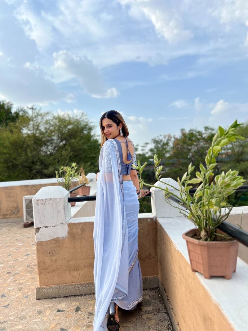 Blue Georgette sequin saree With Blouse Set
