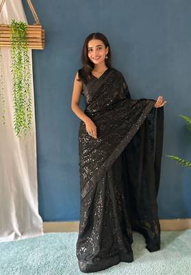 Black Georgette sequin saree With Blouse Set 1
