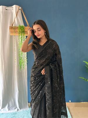 Black Georgette sequin saree With Blouse Set 2
