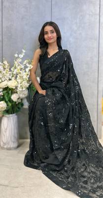 Black Georgette sequin saree With Blouse Set 3