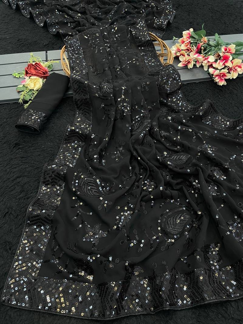 Black Georgette sequin saree With Blouse Set