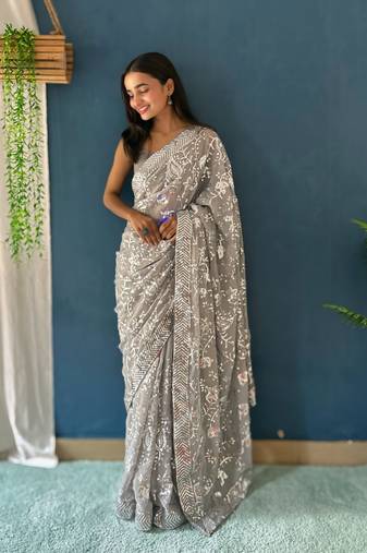 grey Georgette sequin saree With Blouse Set
