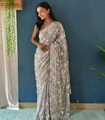 grey Georgette sequin saree With Blouse Set