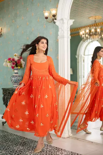 Orange  choli style anarkali set
