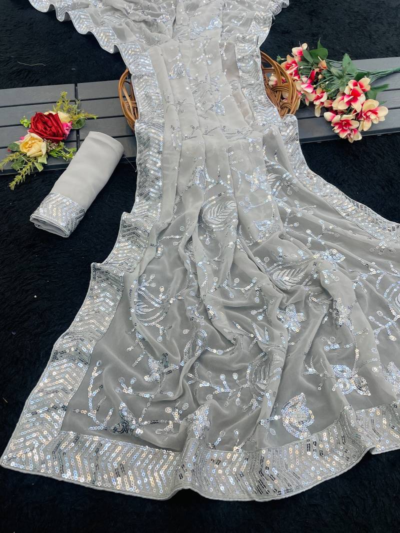 grey Georgette sequin saree With Blouse Set