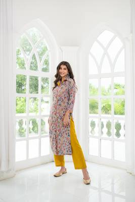 Grey mustard self embroidery  cotton kurta set 1