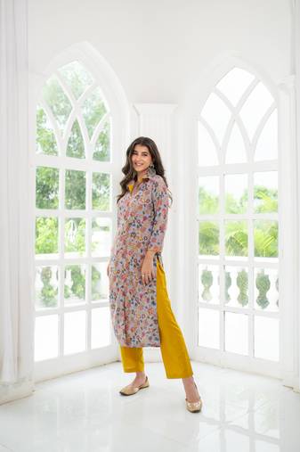 Grey mustard self embroidery  cotton kurta set