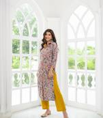 Grey mustard self embroidery  cotton kurta set