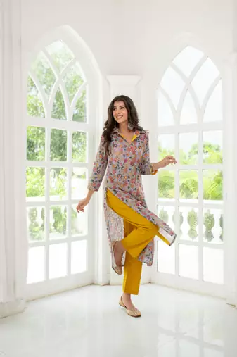 Grey mustard self embroidery  cotton kurta set
