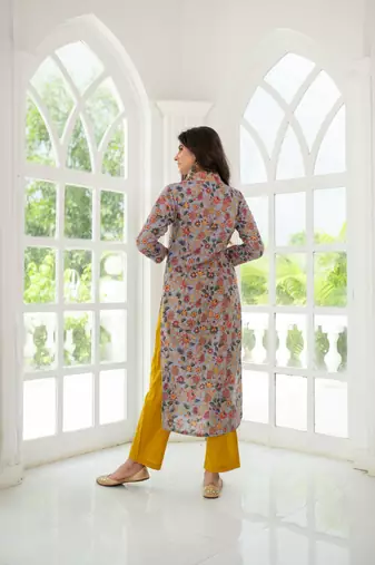Grey mustard self embroidery  cotton kurta set