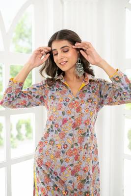 Grey mustard self embroidery  cotton kurta set 4