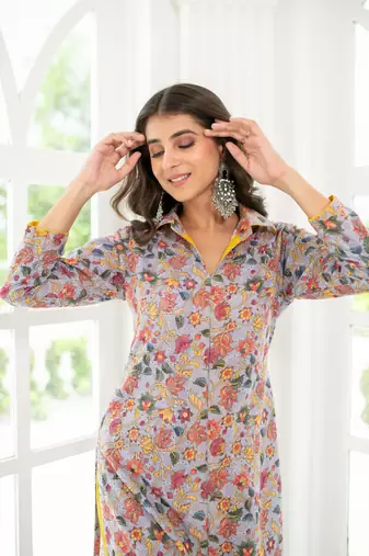 Grey mustard self embroidery  cotton kurta set