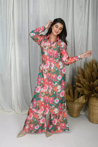 Green  printed water sequin co-ord set