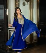 Velvet electric blue long slit kurta set