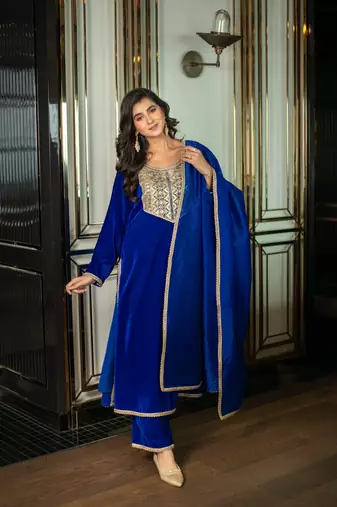 Velvet electric blue long slit kurta set