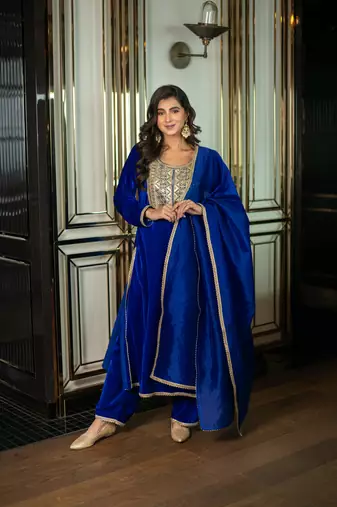Velvet electric blue long slit kurta set
