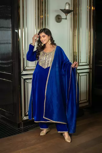 Velvet electric blue long slit kurta set