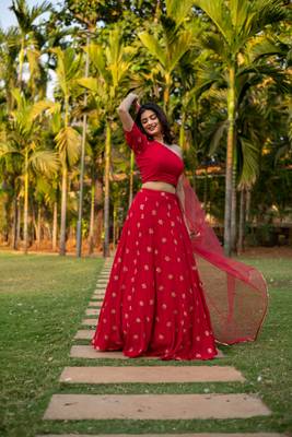 Red one shoulder Lehenga 1