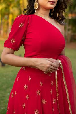 Red one shoulder Lehenga 4