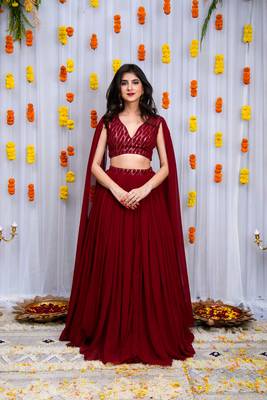 Maroon Cape Sleeves Lehenga Set 1