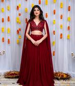 Maroon Cape Sleeves Lehenga Set