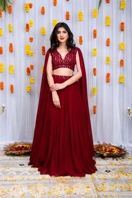 Maroon Cape Sleeves Lehenga Set 2